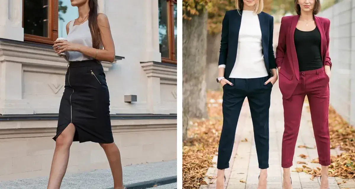 Kobiety w stylizacjach smart casual: jedna w czarnej spódnicy i topie, dwie kolejne w eleganckich garniturach.