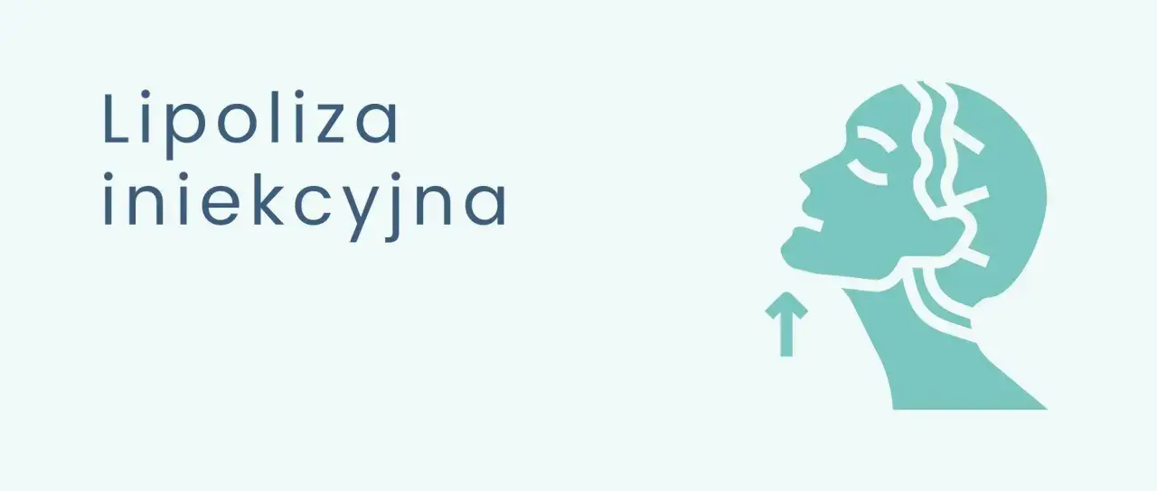 Grafika przedstawia profil twarzy z zaznaczonym podbródkiem i strzałką skierowaną ku górze, symbolizującą zabieg. Tekst: "Lipoliza iniekcyjna zalecenia po zabiegu".