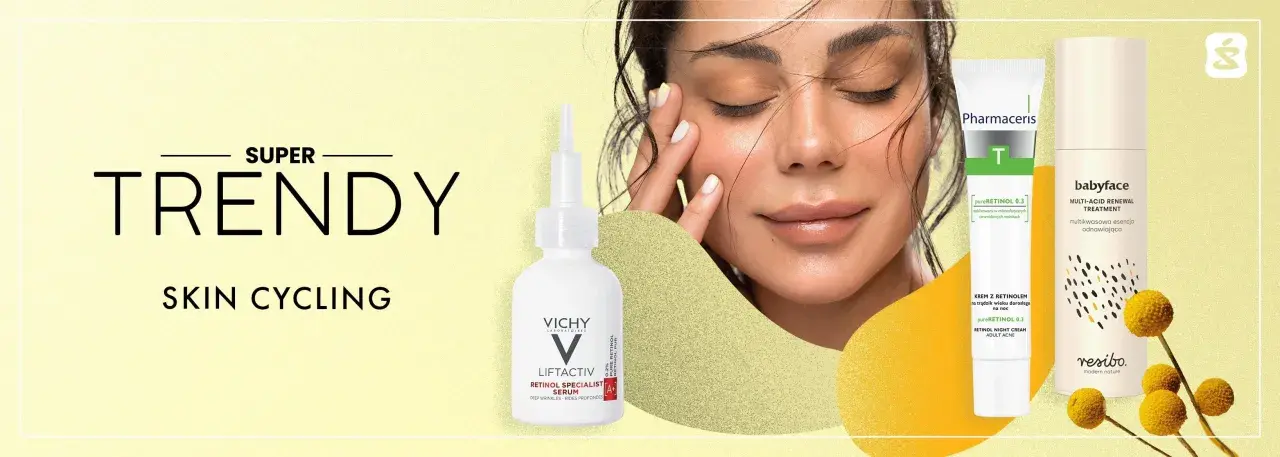 Super trendy skin cycling: modelka z zamkniętymi oczami, kosmetyki z retinolem od Vichy, Pharmaceris i Resibo.