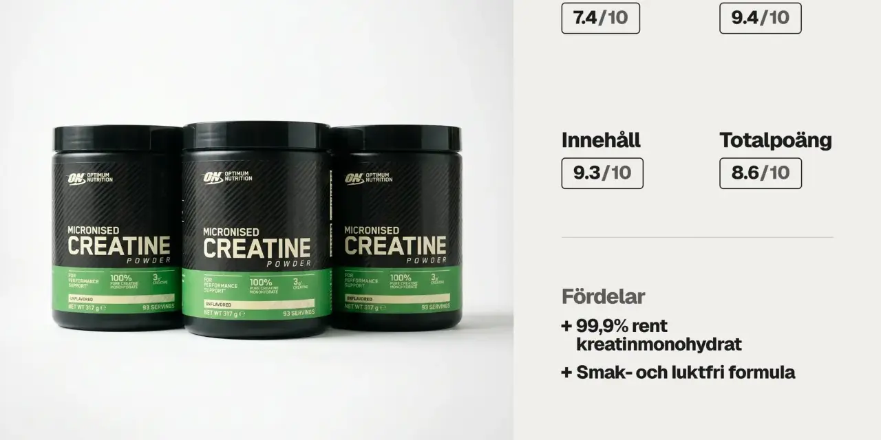 Tre burkar Optimum Nutrition Micronised Creatine Powder. Texten "hur mycket kreatin per dag" kan kopplas till informationen om 3g kreatin per portion.
