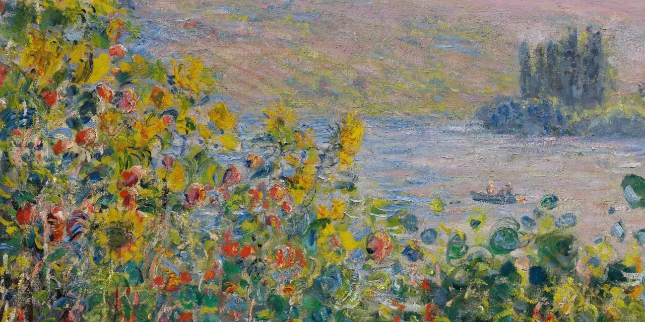 Un jardin fleuri débordant de couleurs vives, avec des touches de jaune, rouge et bleu. Au loin, un lac paisible et une petite barque. Une belle illustration de comment utiliser la peinture à l'huile.