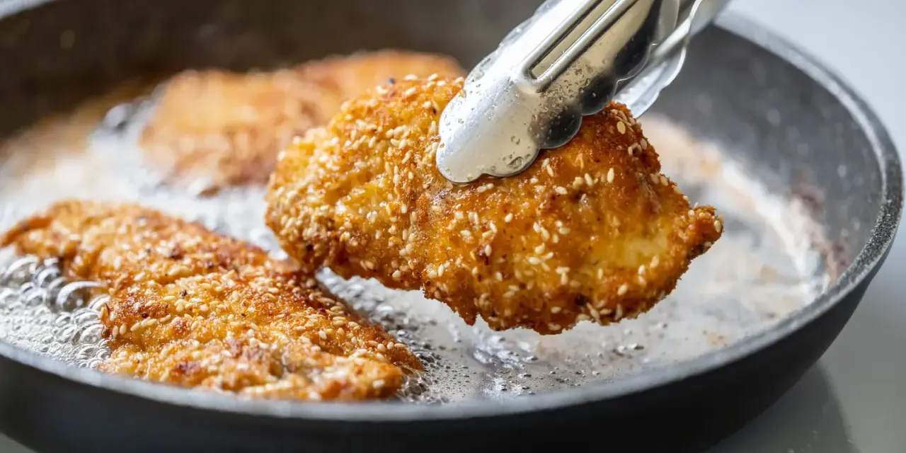 Une escalope de dinde panée aux graines de sésame est retournée dans une poêle avec de l'huile chaude.