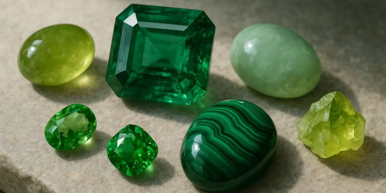 A collection of green gemstones, including a large emerald, showcasing the emerald meaning spiritual connection and growth.