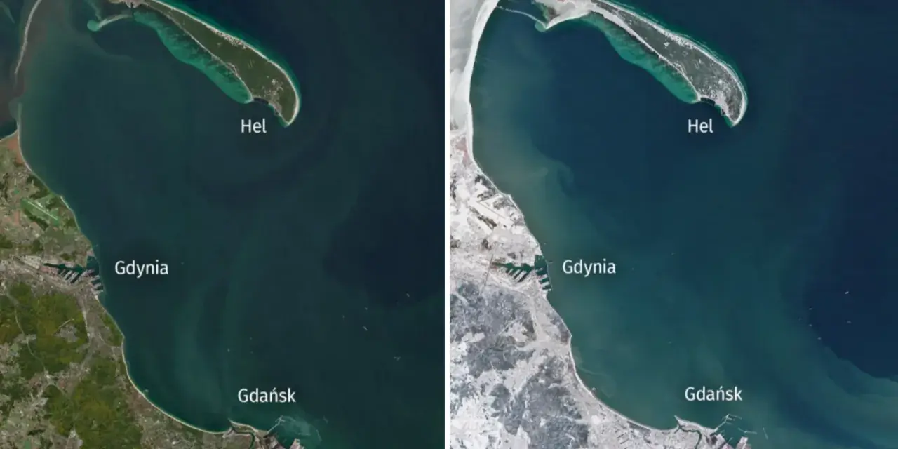 Porównanie zdjęć satelitarnych Zatoki Gdańskiej. Po lewej woda, po prawej widać, czy zatoka gdańska zamarza – pokryta lodem i śniegiem.