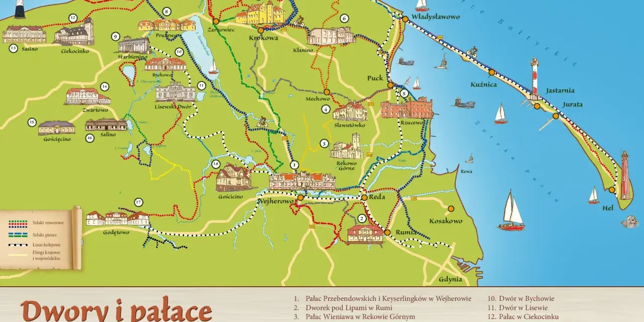 Mapa turystyczna prezentująca dwory i pałace na Kaszubach, z zaznaczonymi szlakami rowerowymi i pieszymi.