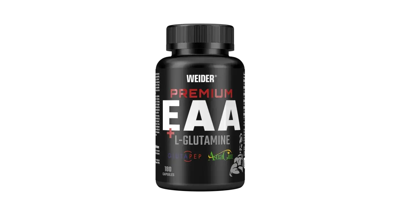 Czarny słoik suplementu Weider Premium EAA z L-glutaminą, 180 kapsułek.