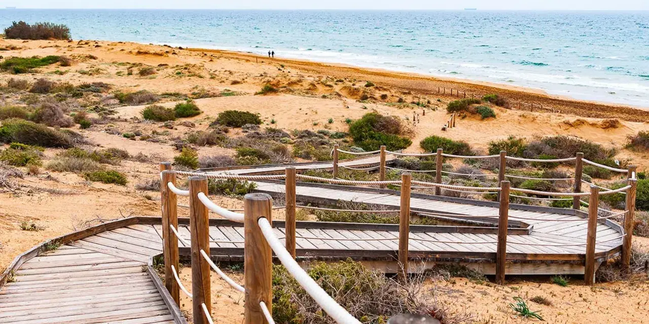 Pasarela de madera serpentea por la duna, invitando a explorar la ruta Calblanque hacia el mar azul.