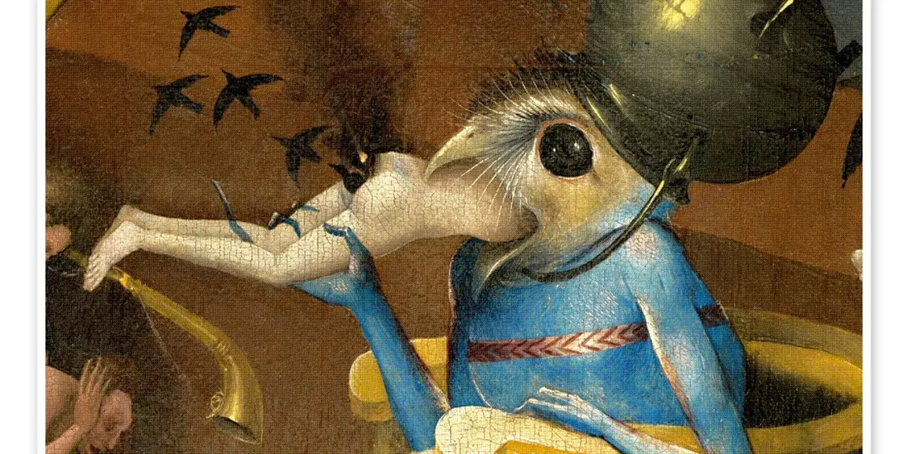 Créature à tête d'oiseau, bleue, dévorant un enfant dans le jardin des délices. Des oiseaux noirs volent au-dessus.