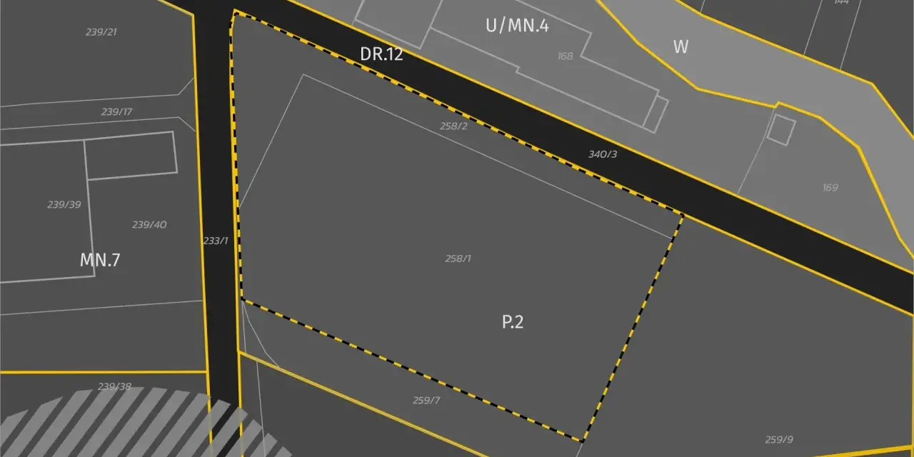 Mapa ewidencyjna z oznaczeniem użytku b, działki P.2, DR.12, MN.5, MN.6, MN.7, U/MN.4, R.1, R.2.