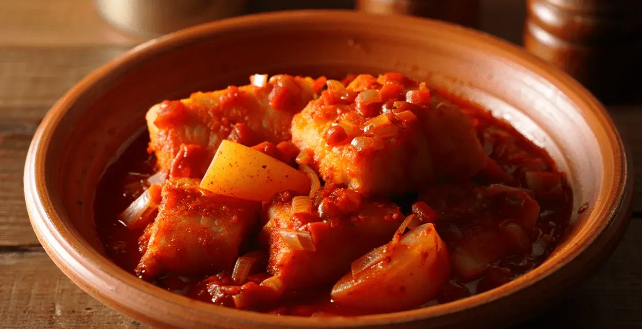 Bacalao a la vizcaina en cazuela de barro, con trozos de pimiento y cebolla en una salsa roja.