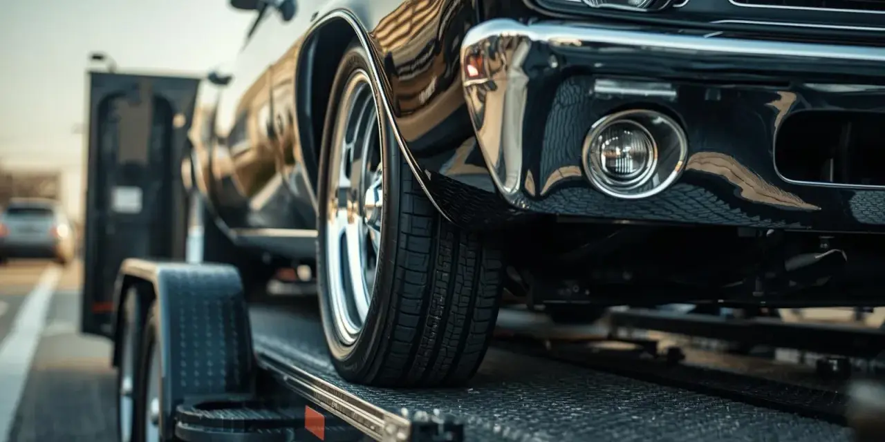 Czarne auto na lawecie, widoczna przednia część i koło.