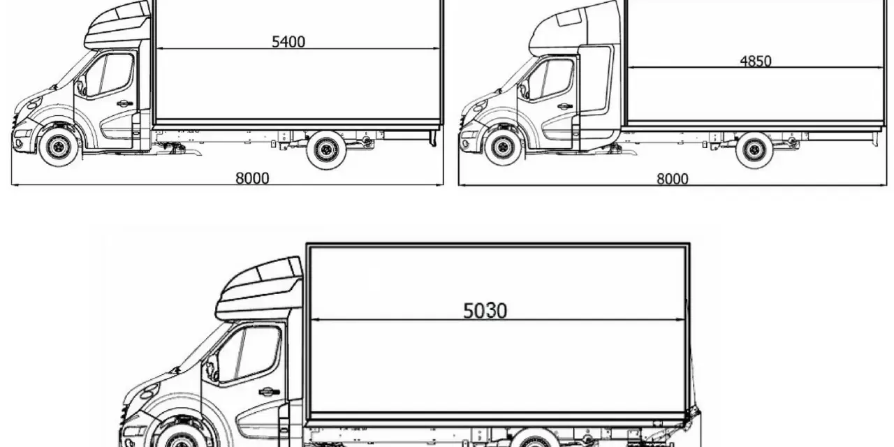 Rysunki techniczne pokazują różne warianty zabudowy Renault Master, z podanymi wymiarami całkowitej długości i długości przestrzeni ładunkowej.