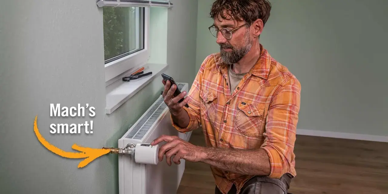 Mann installiert smarten Thermostat am Heizkörper, um Heizkosten zu sparen. "Mach's smart!