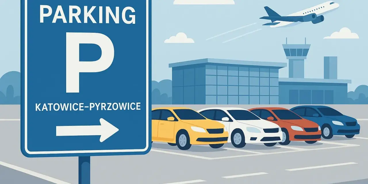 Znak "Parking Katowice-Pyrzowice" obok rzędu samochodów i samolotu startującego z lotniska.