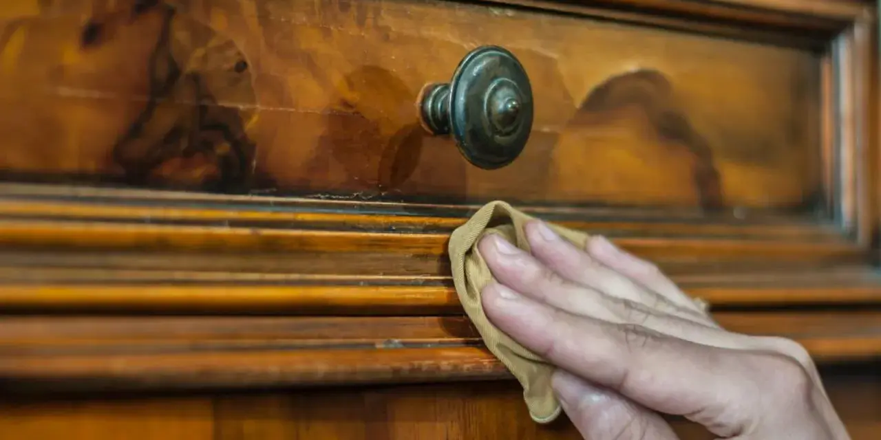Restauración de mueble antiguo. Mano aplicando betún de judea antes y después, revelando su brillo natural.