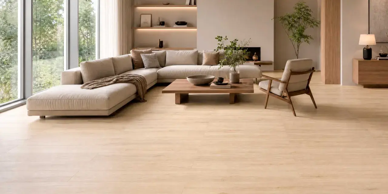 Suelos de madera clara, ideales para casas modernas, crean un ambiente cálido y luminoso en este salón minimalista.