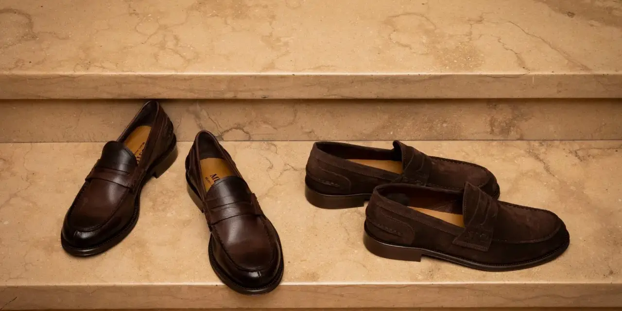 Due paia di mocassini uomo marroni, uno in pelle lucida e l'altro in camoscio, perfetti per un outfit elegante.