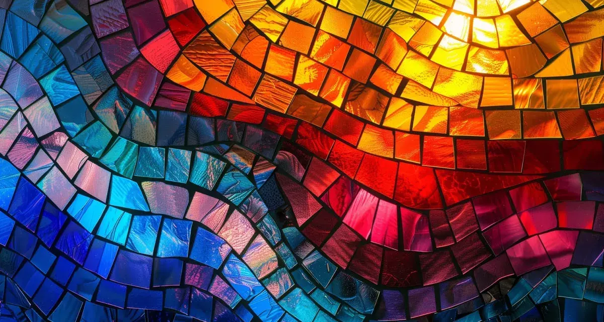 Buntes Mosaik aus Glassteinen, das an einen Regenbogen erinnert. Die Farbenvielfalt symbolisiert Hoffnung und Neuanfang, die Regenbogen Bedeutung.