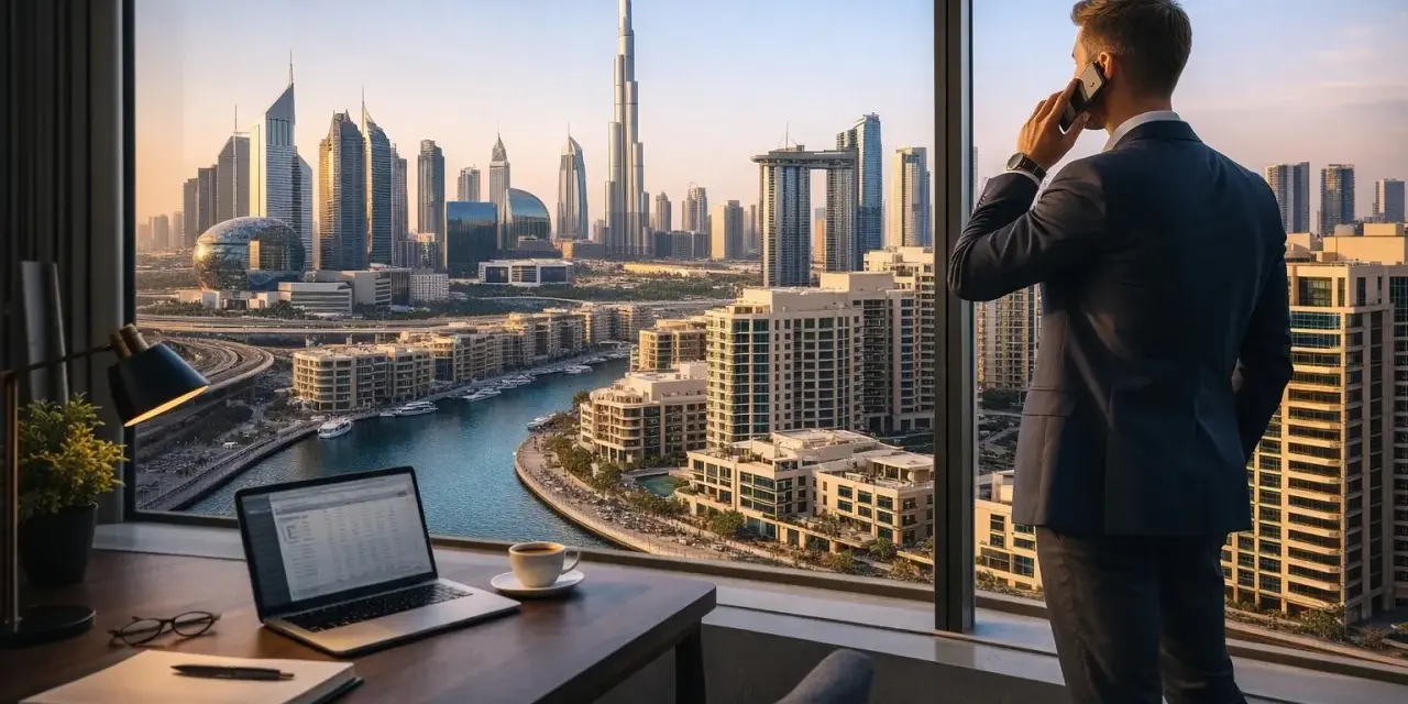 Biznesmen rozmawia przez telefon, patrząc na panoramę Dubaju. Na biurku laptop, kawa i notatnik. To symbol nowoczesnej pracy w Dubaju.