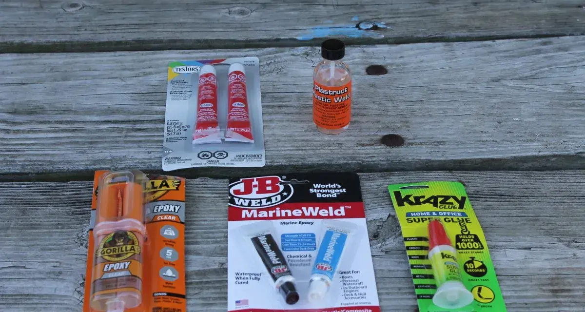 Various glues and epoxies, including Gorilla Epoxy and Krazy Glue, are displayed, suggesting a search for the best super glue for PLA projects.