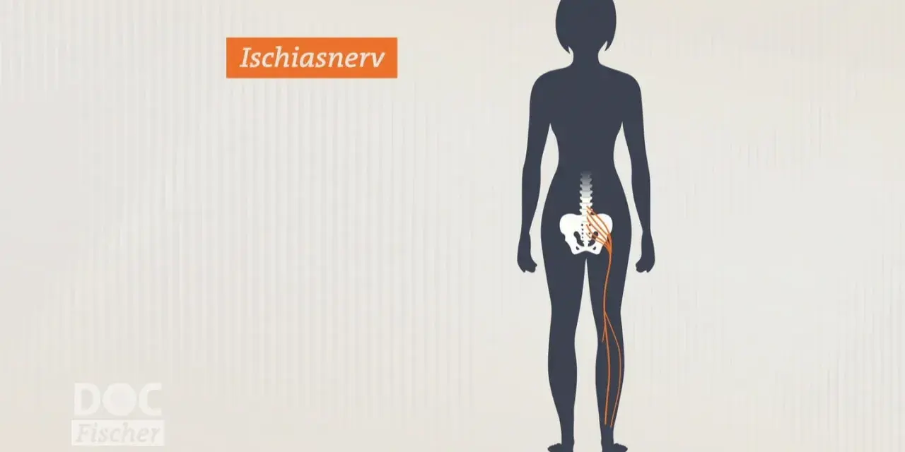 Illustration zeigt den Ischiasnerv, der vom Rückenmark bis ins Bein verläuft. Reizung kann zu Ischias Schmerz führen.