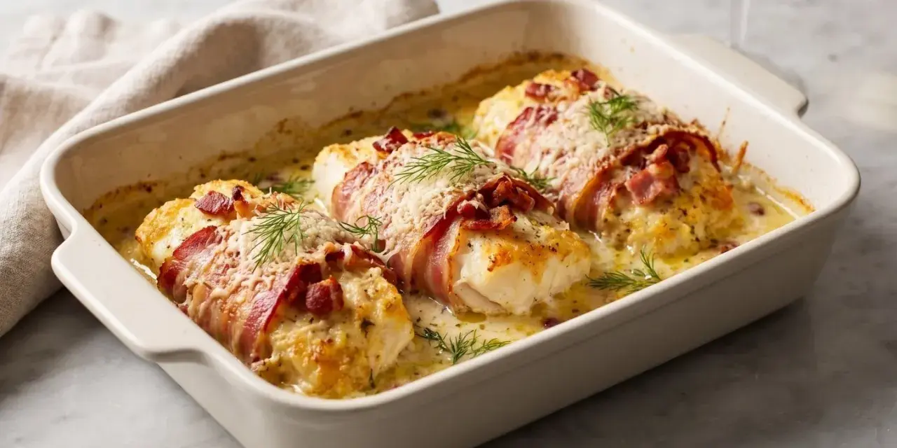 Ugnsbakad torskrygg med bacon, toppad med ost och dill, serveras i en krämig sås. En festlig rätt som passar perfekt till helgen.