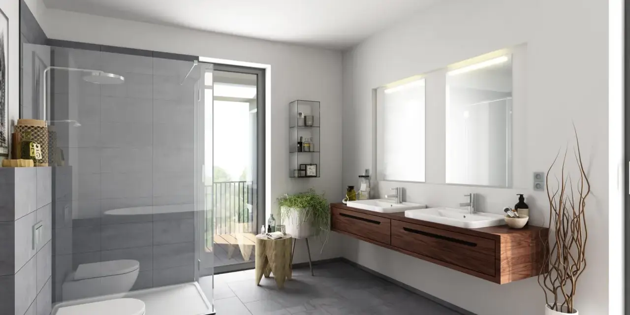 Salle de bain moderne avec douche, double vasque et carrelage gris. Le gris est la couleur la moins salissante pour une salle de bain.