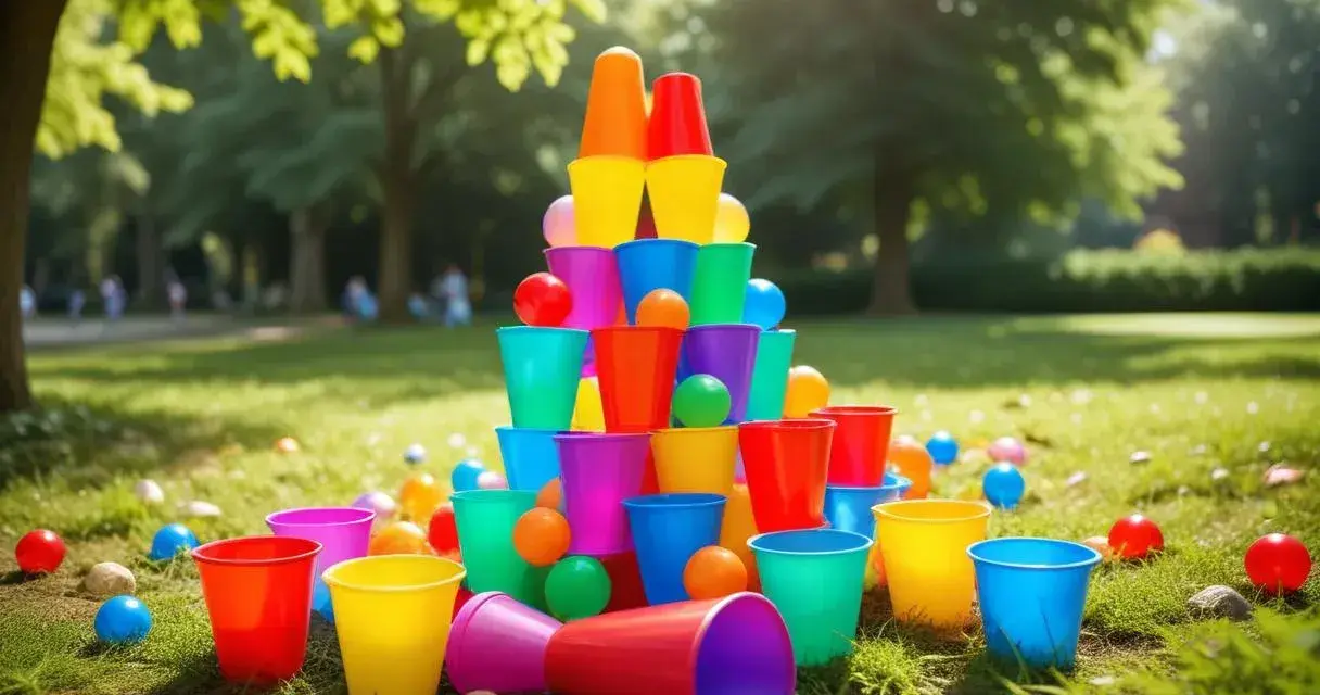 Färgglada plastmuggar staplade i en pyramid, redo för en klassisk femkamp i parken. Bollar ligger utspridda på gräset.