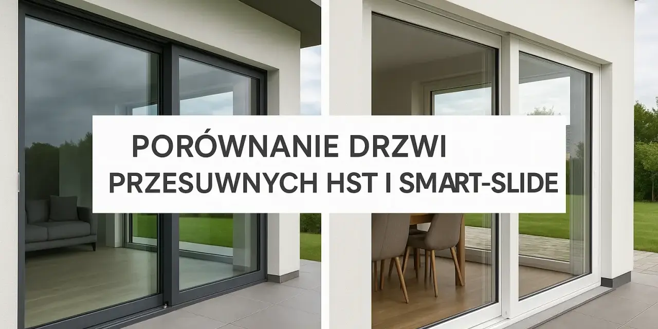 Porównanie drzwi przesuwnych HST i Smart-Slide. Dwa nowoczesne domy z dużymi przeszkleniami, ukazujące różne modele okien.