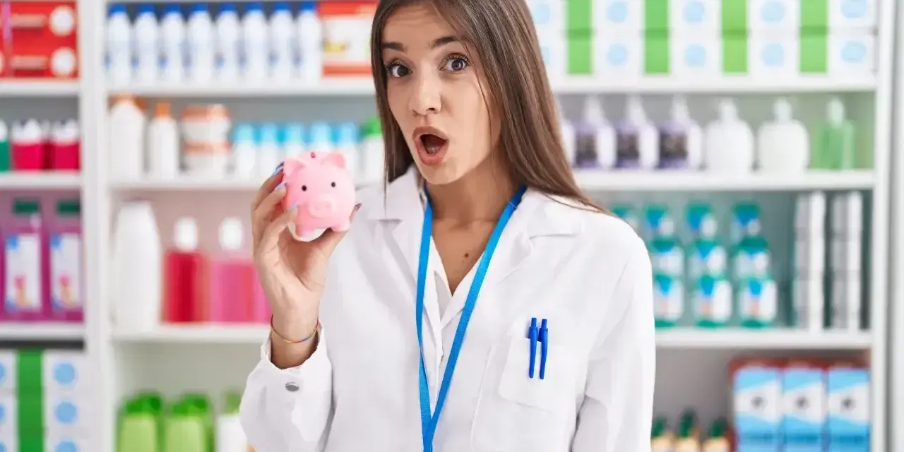 Zaskoczona farmaceutka trzyma skarbonkę, zastanawiając się, ile zarabia technik farmacji.