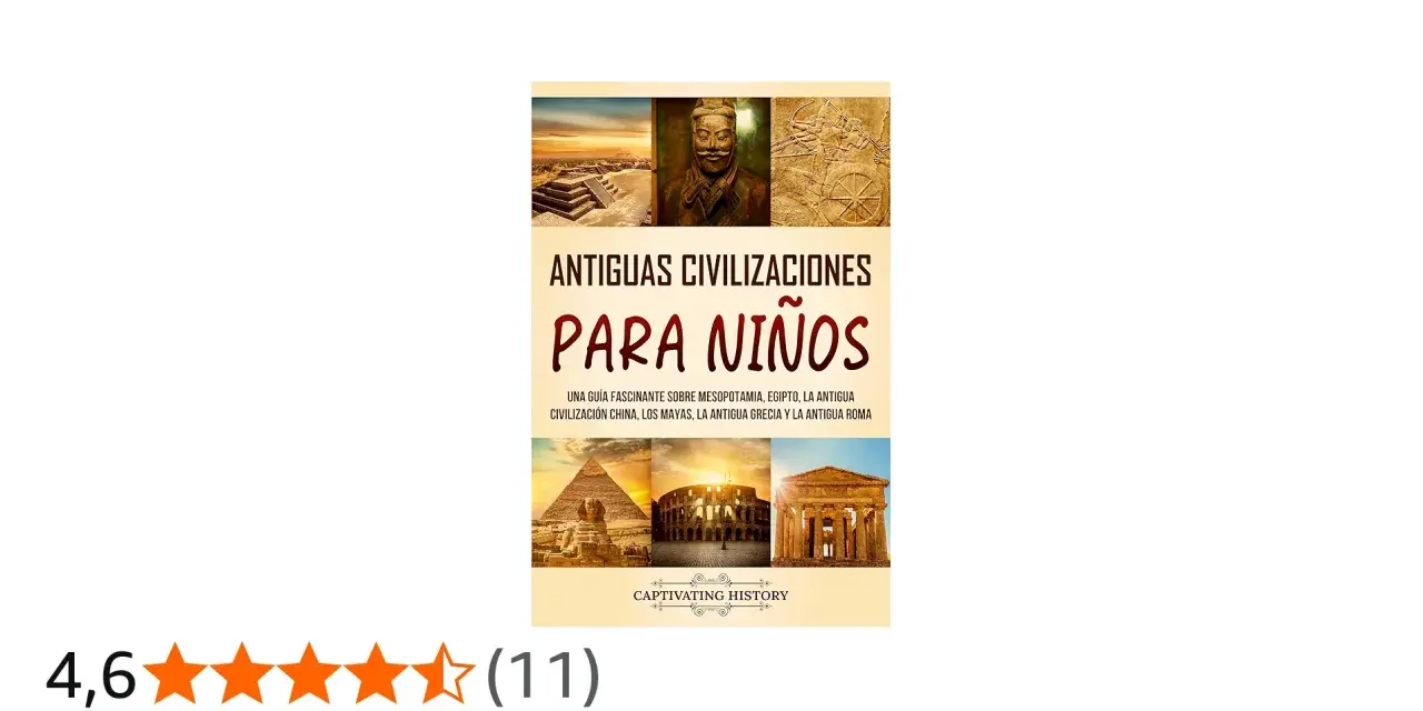 Guía de "Antiguas Civilizaciones para Niños" con imágenes de pirámides, guerreros y ruinas. Explora la edad antigua de forma divertida.