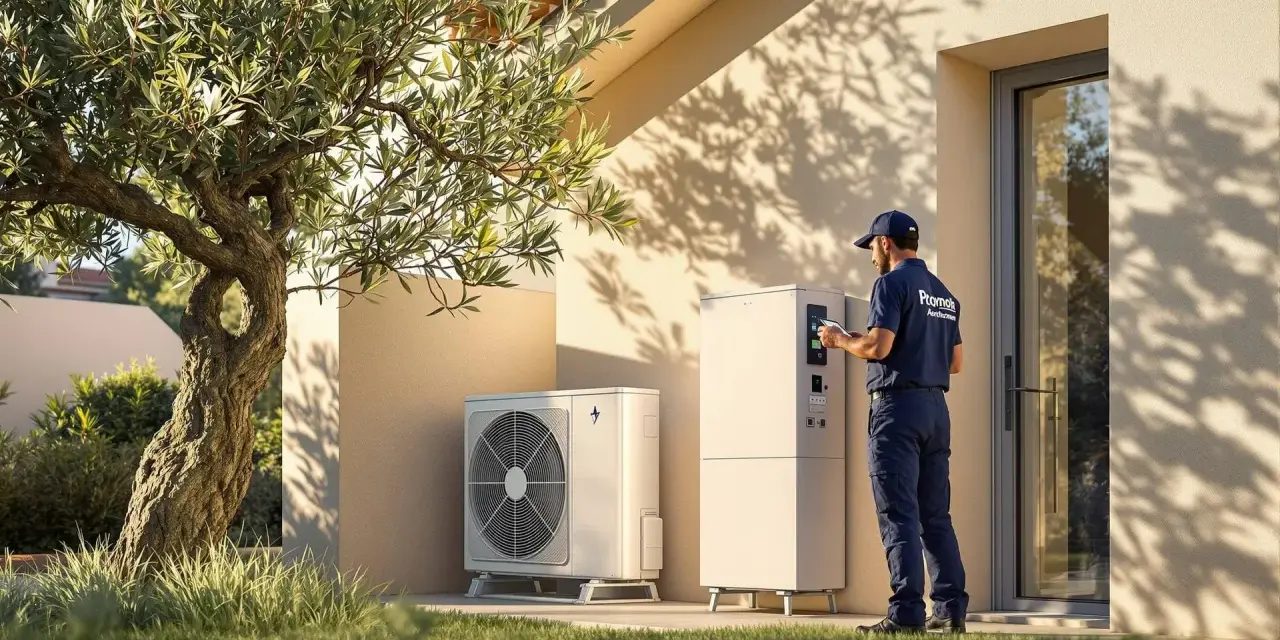 Técnico revisa sistema de aerotermia R290 junto a una casa moderna.