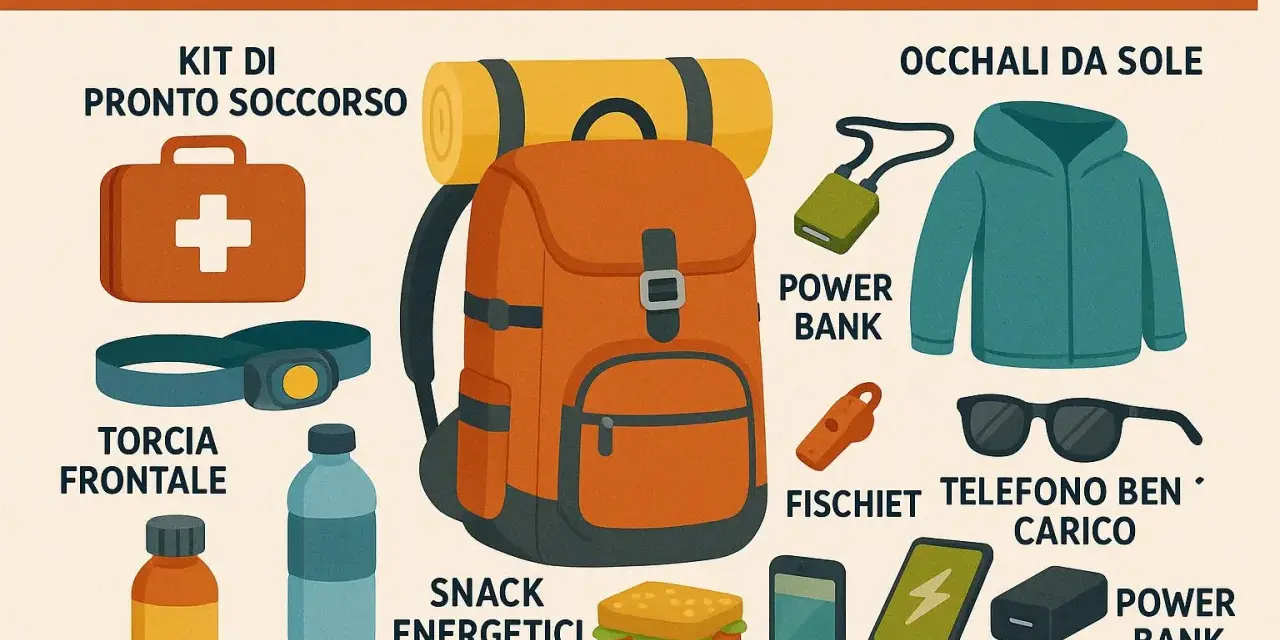 Zaino arancione con attrezzatura per trekking: kit pronto soccorso, torcia, acqua, snack, power bank, fischietto, occhiali da sole, giacca. Utile lista cosa portare in montagna d'estate.