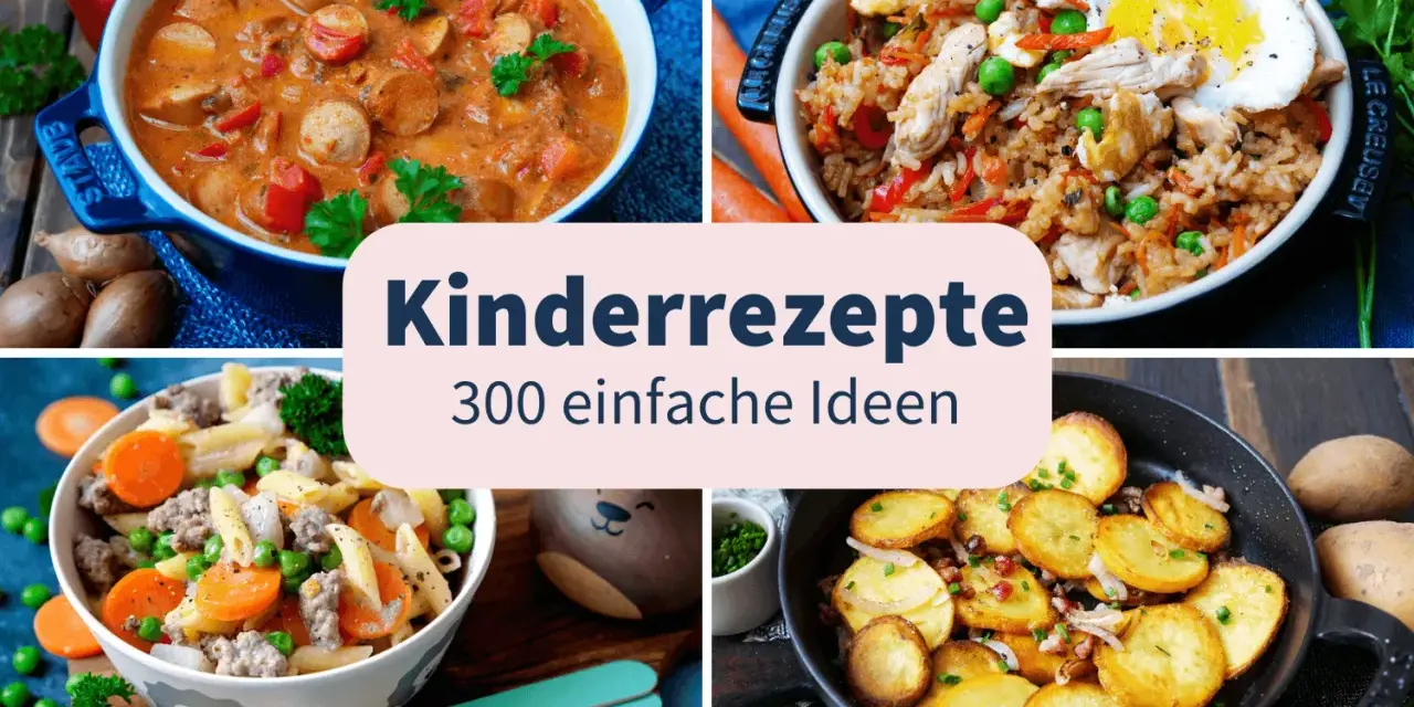 Vier leckere, gesunde Kindergerichte: Gulasch, gebratener Reis, Nudeln mit Hackfleisch und Bratkartoffeln.