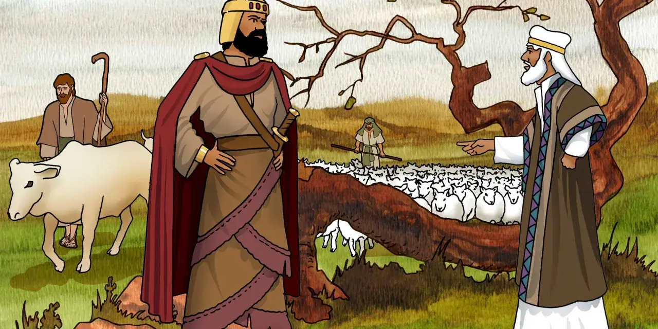 König Saul, der von einem Hirten mit einer Kuh begleitet wird, weist einen Mann an, der eine Schafherde hütet. 1. Samuel 15,3.