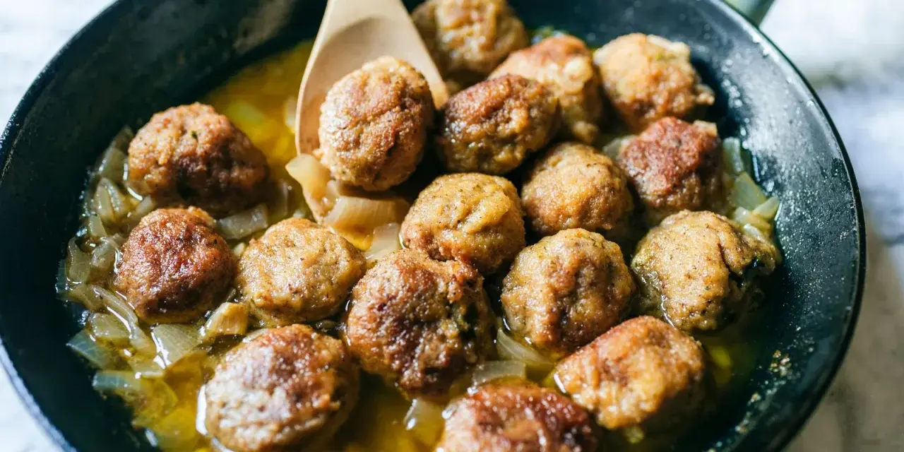 Polpette in bianco dorate e succulente, cotte in padella con cipolle dolci e un sughetto invitante.