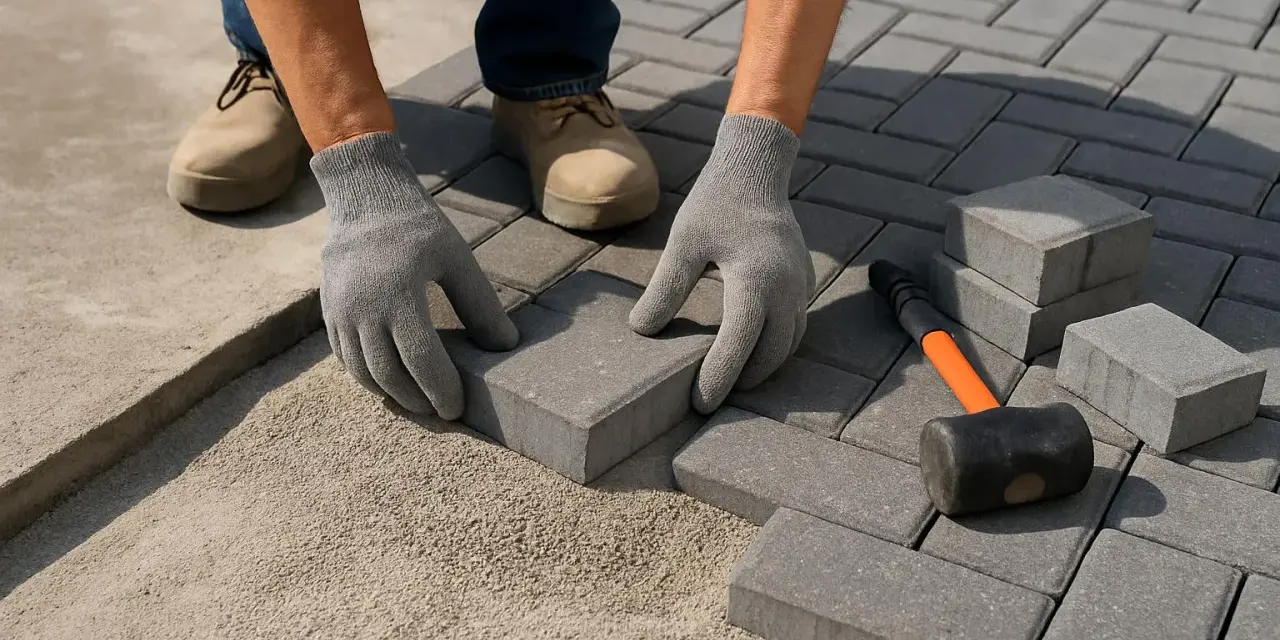 Mani guantate posano blocchi per creare un pavimento in cemento per esterno. Martello e mattoni a portata di mano.