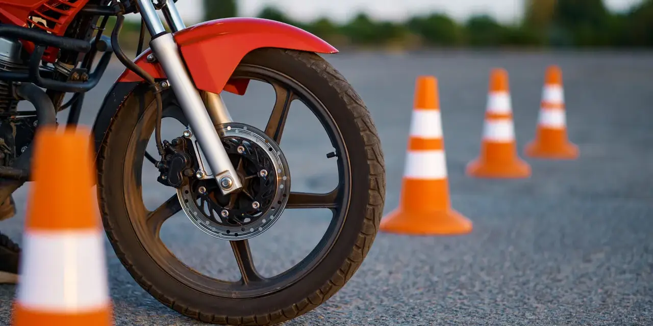 Czerwony motocykl i pomarańczowe pachołki na placu manewrowym. Przygotowanie do egzaminu na kategorie prawa jazdy na motor.