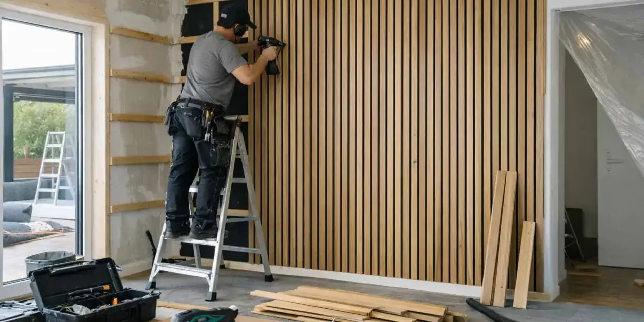 Man på en stege, som använder en spikpistol för att montera akustikpanel på en vägg. Verktyg och material ligger utspridda på golvet.