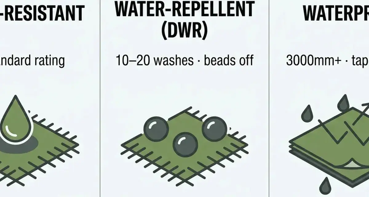 Unterschied wasserdicht und wasserfest: Illustrationen zeigen, wie Wasser abperlt (wasserabweisend) oder durchdringt (wasserfest).