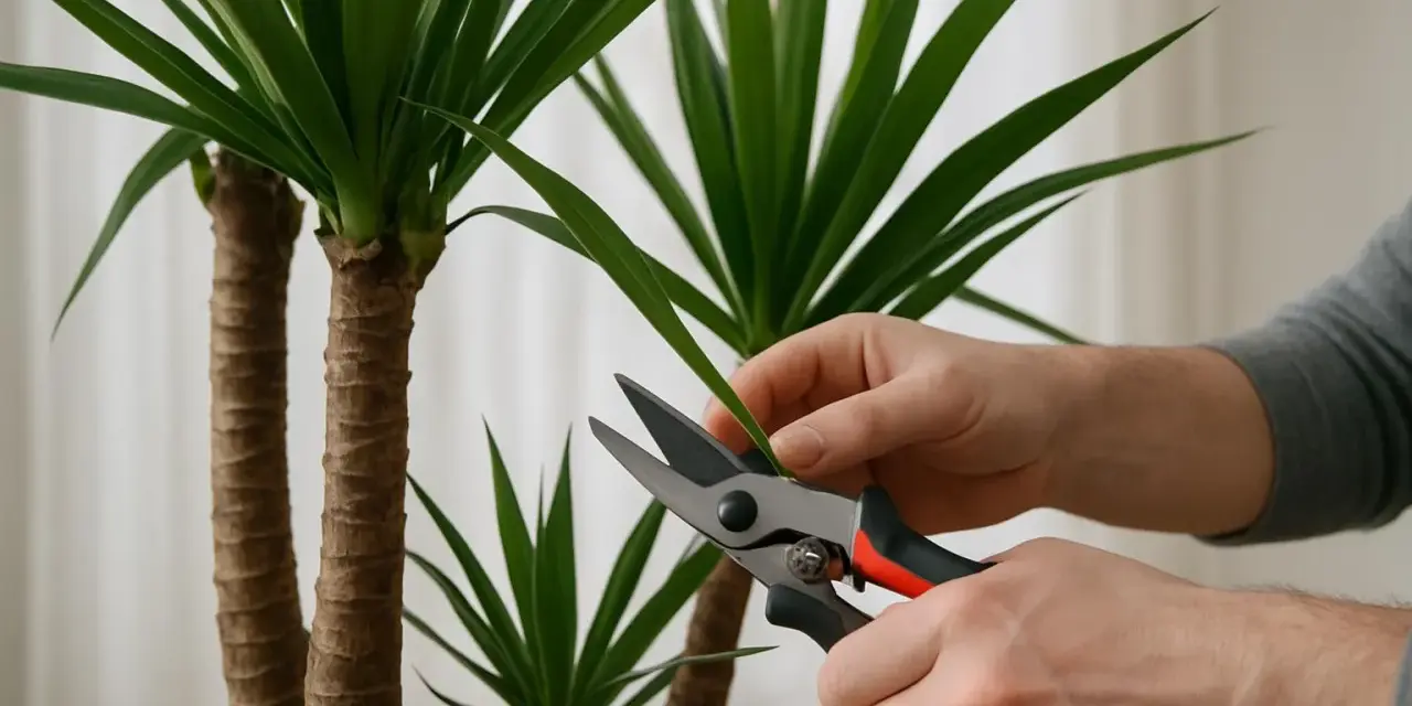 Hände schneiden mit einer Gartenschere ein Blatt einer Yucca Palme.