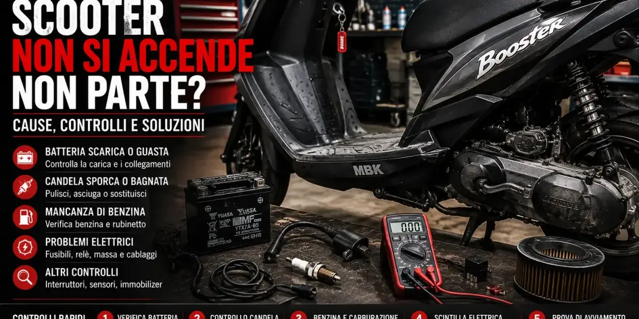 Il mio scooter non parte? Immagine mostra scooter, batteria, candela, multimetro e filtro aria, con testo che elenca cause e soluzioni per il motore che non parte.