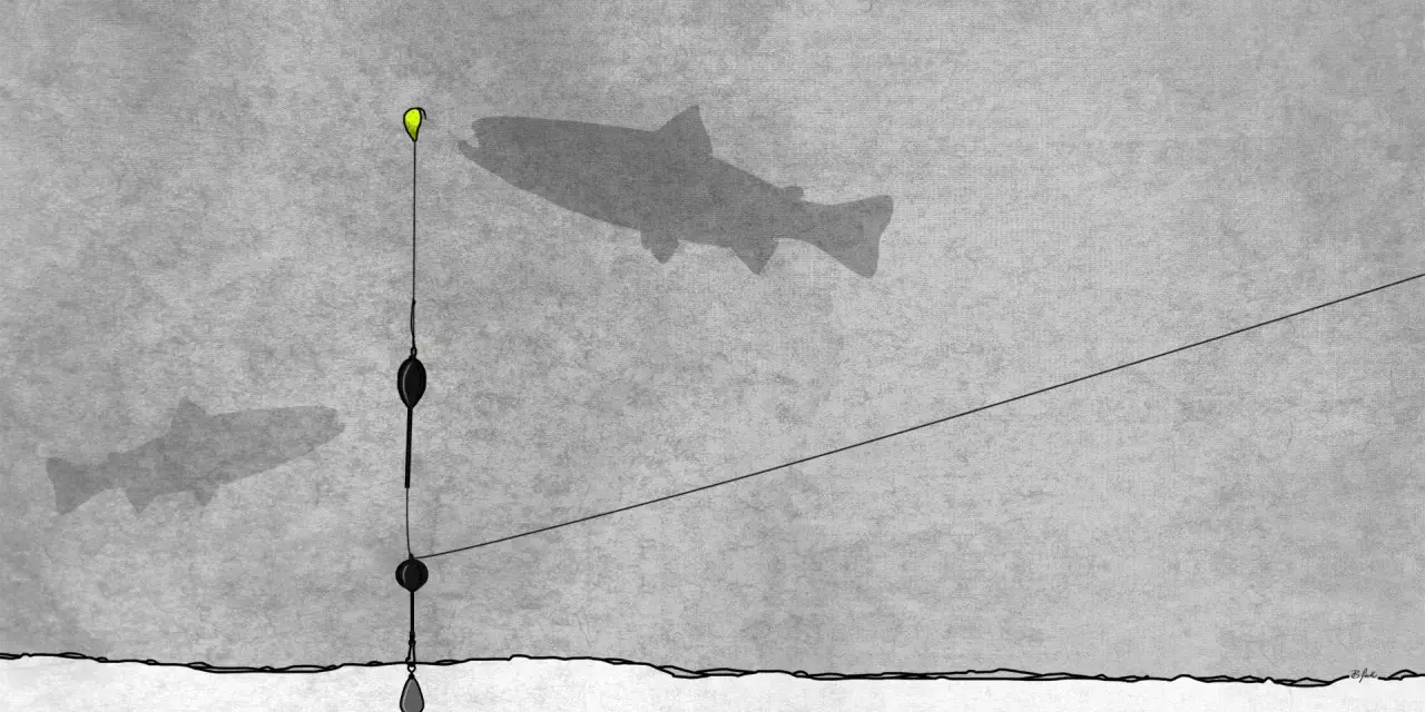 Angelmontagen Forelle: Ein Schatten einer Forelle schwimmt über dem Grund, während eine Angelmontage mit Schwimmer und Blei im Wasser hängt.