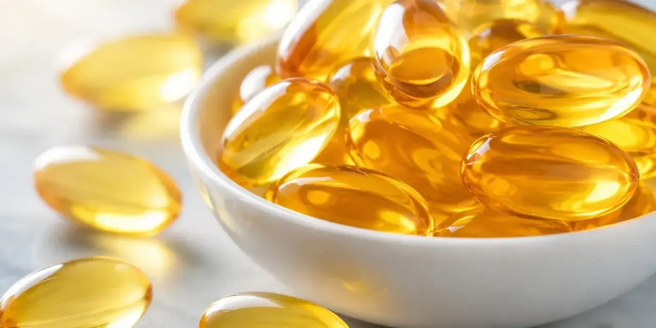 Capsule dorate piene di olio, che ricordano le proprietà omega 3, in una ciotola bianca e sparse sul piano.
