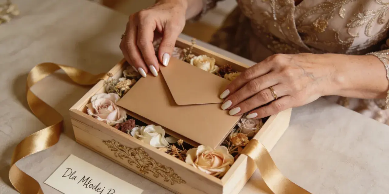 Elegancka kobieta wkłada kopertę do pudełka z kwiatami. Zastanawiasz się, ile chrzestni dają na wesele?