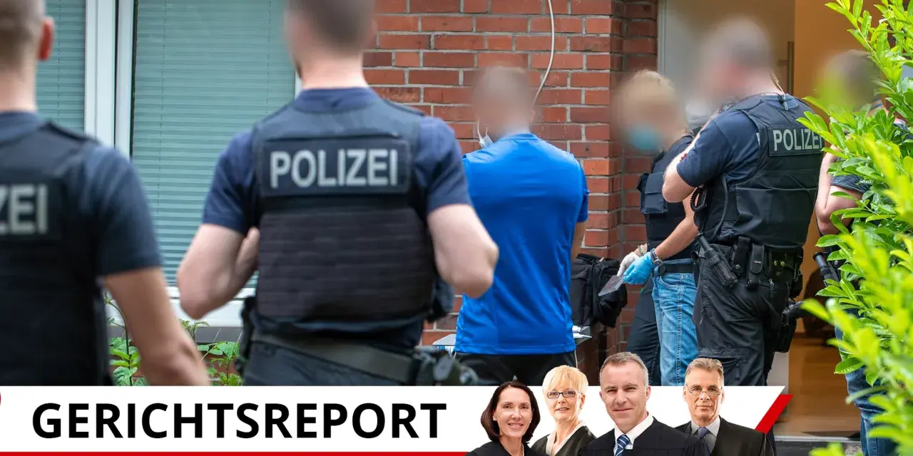 Polizisten bei einem Einsatz, der zu einer scheinbaren Strafe führt. Im Vordergrund Richter und Richterinnen.