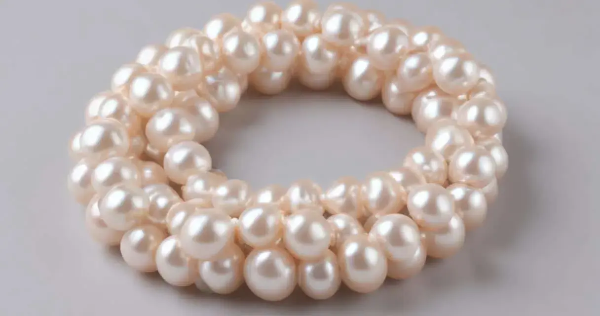 Collana di perle d'acqua dolce, simbolo di purezza e saggezza. Le perle sono disposte in un cerchio su sfondo grigio.
