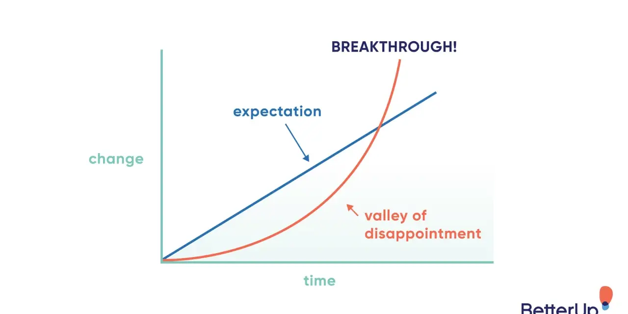 A graph showing how to get over disappointment. Expectation rises linearly, while the reality dips into a "valley of disappointment" before a breakthrough.