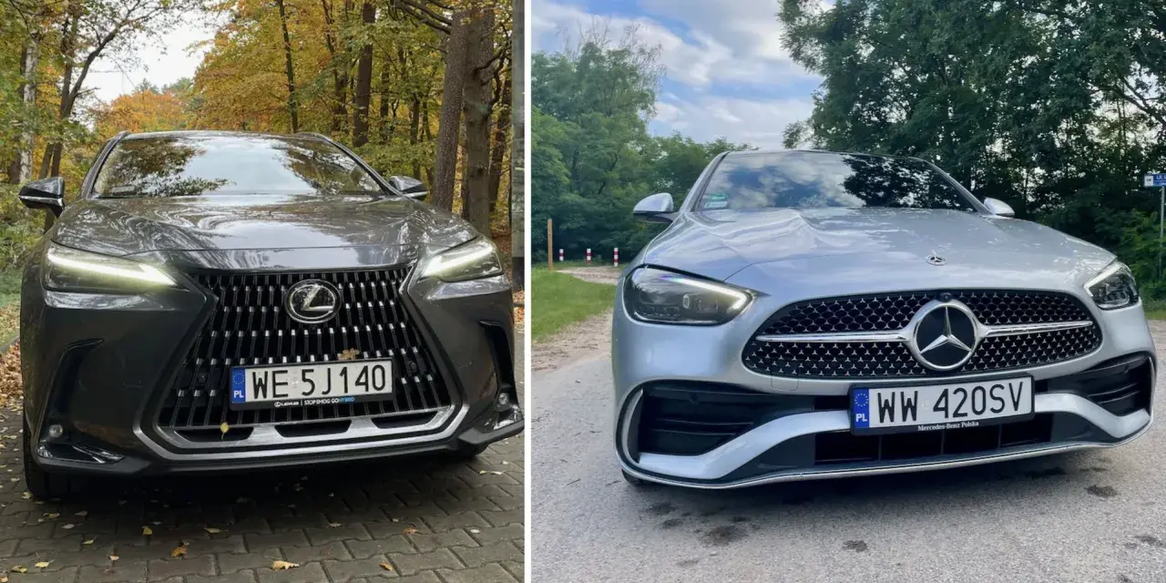 Szary Lexus NX 450h+ obok srebrnego Mercedesa. Jesień i lato w tle.