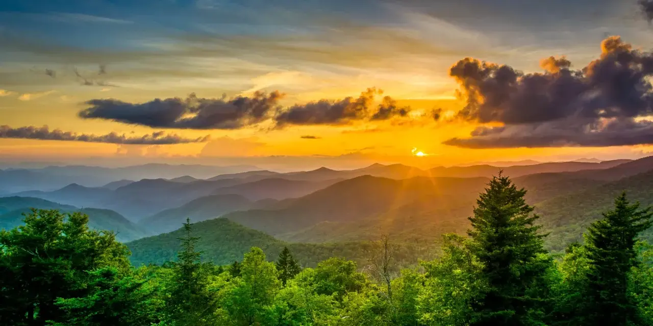 Sunset over rolling blue mountains with lush green trees in the foreground.